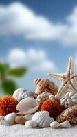 Sea shells and starfish on the beach photo