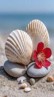 Shells and a red flower on the beach photo
