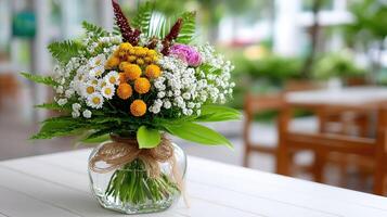 A vase with a bunch of flowers sitting on a table photo