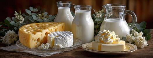 A table with milk, cheese and other dairy products photo