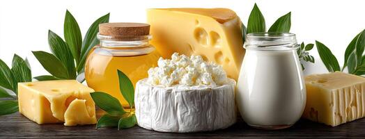 A group of dairy products including milk, cheese, butter and butter photo