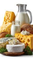 Various types of dairy products including cheese, milk, bread and butter photo