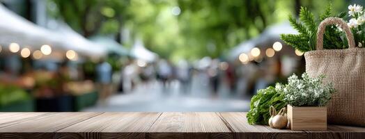 A wooden table with a bag of fresh vegetables and a blurred background photo
