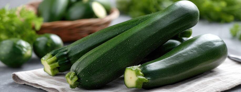 Zucchini on a table with a basket of vegetables photo