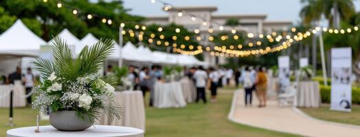 A large outdoor event with tables and chairs photo