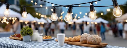 A table with bread, croissants and other food items photo