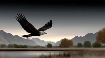 An eagle flying over a lake with mountains in the background photo