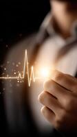 A person in a suit is holding a glowing heart beat photo