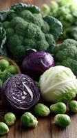 A bunch of broccoli and brussels sprouts sitting on a table photo