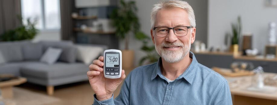 A man holding up a digital thermometer photo