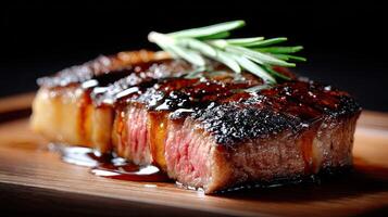 A piece of steak on a wooden board photo