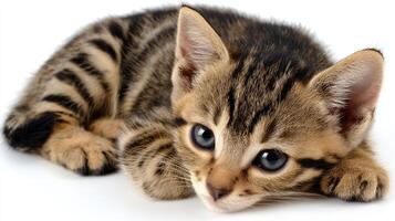 A kitten is laying down on a white background photo