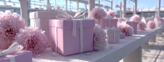 Pink gift boxes on a table with white flowers photo