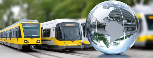 A yellow and white train with a globe on it photo