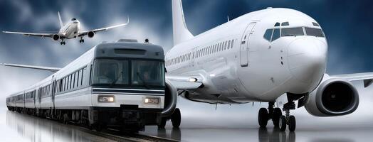 A passenger airplane and a train on the track photo
