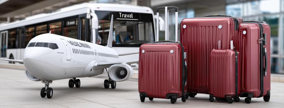 Tres maletas y un autobús son en frente de un tren foto
