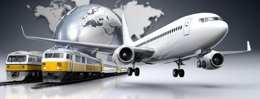 A train and airplane are on the tracks photo