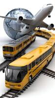 A yellow bus and an airplane on a train track photo