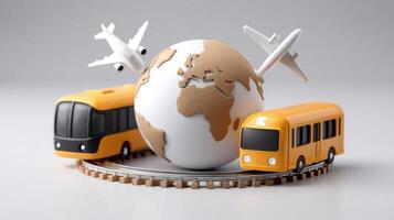 A globe, a bus, and an airplane are all on a train track photo