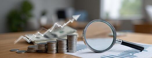 Money and coins with magnifying glass on desk photo