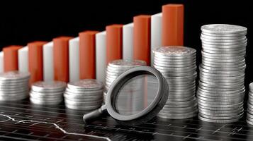 A magnifying glass is sitting on top of stacks of coins photo