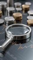 Coins and magnifying glass on a financial chart photo
