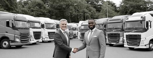 Two men shaking hands in front of a line of trucks photo
