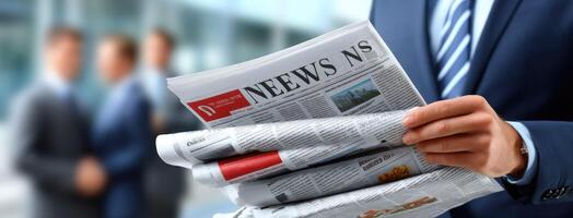 Businessman holding newspaper with news headlines photo
