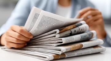 A person holding a stack of newspapers photo