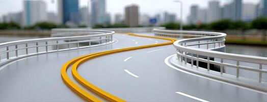 A bridge with yellow lines and a city in the background photo