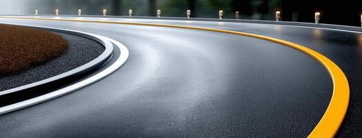 A curved road with yellow lines on it photo