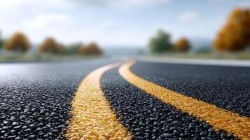 Asphalt road with yellow lines and trees in the background photo