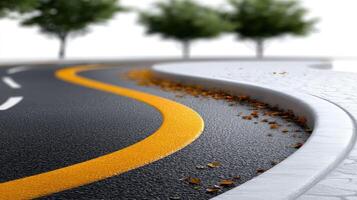 A curved road with yellow lines and trees photo