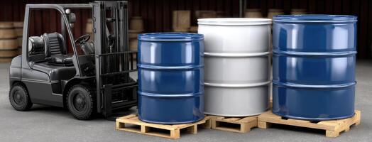 A forklift is parked next to two barrels photo