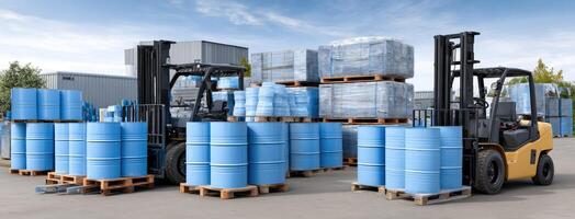 Forklift truck with barrels of blue liquid photo