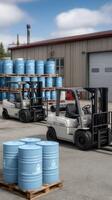 A forklift is parked next to a pallet of barrels photo
