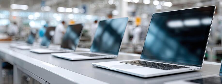 Laptops are lined up on a table in a factory photo