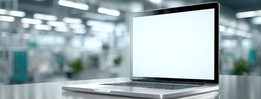 Laptop with blank screen on table in industrial setting photo