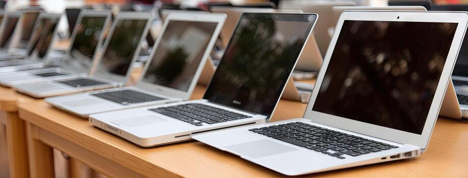 Laptops are lined up on a table photo