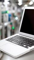 A laptop computer sitting on a table in a factory photo