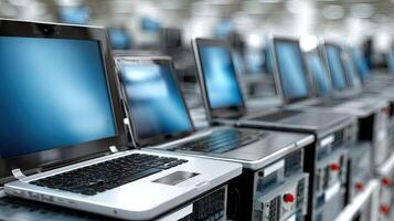 Laptops are stacked on top of each other in a row photo