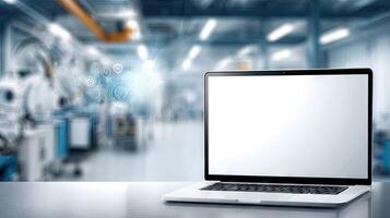 Laptop on table in factory with blurred background photo