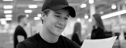 A young man in a hat holding a piece of paper photo
