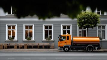 A large orange truck driving down a street photo