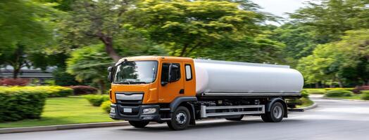 A white and orange tanker truck driving down a road photo