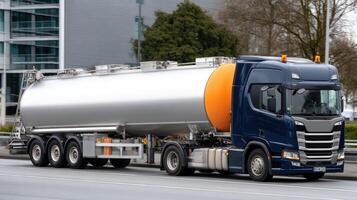 A large tanker truck driving down the road photo