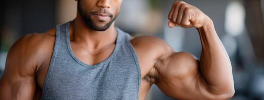 A man flexing his muscles in the gym photo