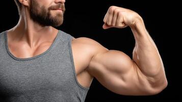 A man flexing his muscles on a black background photo