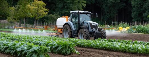A tractor spraying crops with a sprayer photo