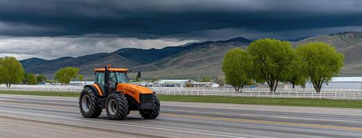 A tractor driving down a road with mountains in the background photo